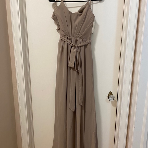 Taupe Scoop Back Ruffled Chiffon Bridesmaid Dress - Picture 4 of 6